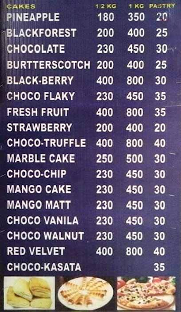 The Cake Corner menu 