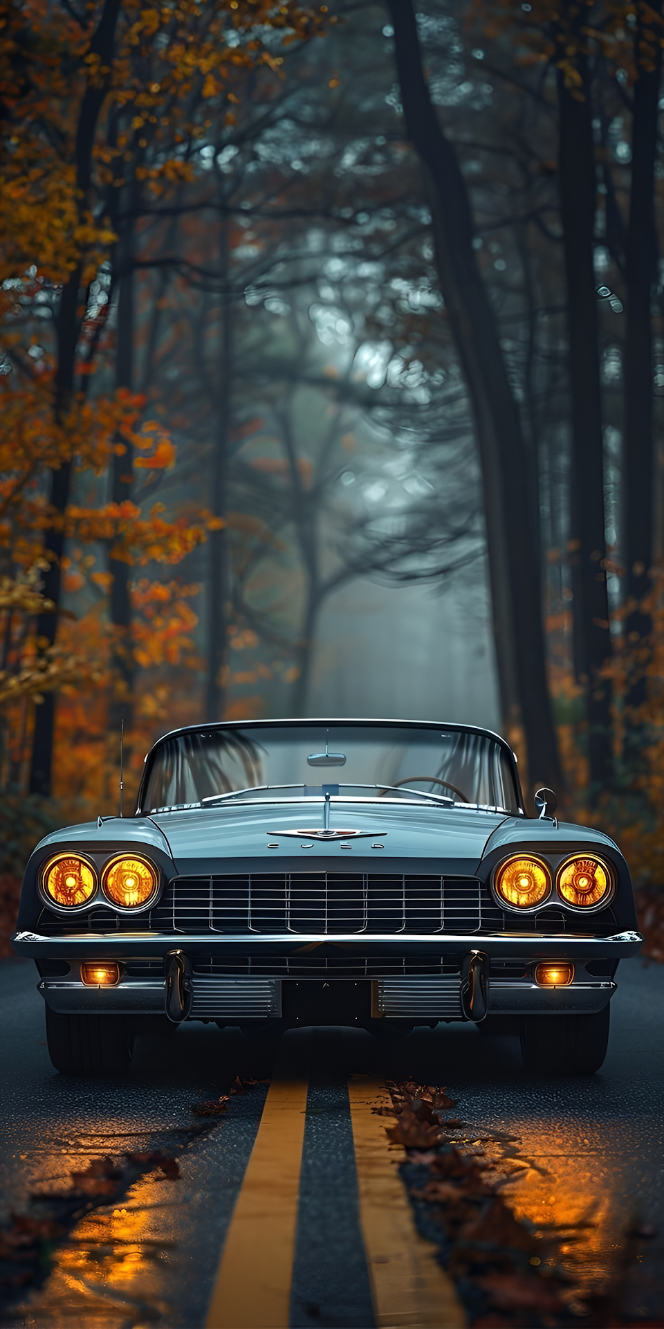 Classic Car on Autumn Forest Road at Dusk - Free 4K mobile Wallpaper