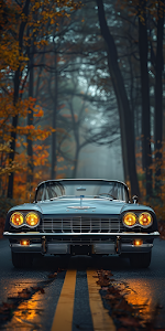 Classic Car on Autumn Forest Road at Dusk
