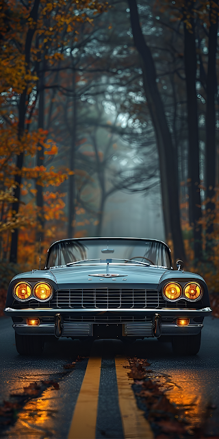 Classic Car on Autumn Forest Road at Dusk - Free mobile Wallpaper