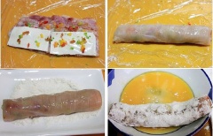 Cuộn gà thật chặt bằng cách cuốn cả bao bọc thực phẩm. Sau khi đã định hình cuốn gà thì xé bỏ lớp màng thực phẩm này đi. Lần lượt lăn cuốn gà qua 3 lớp: bột chiên giòn, trứng đánh tan và bột chiên xù.