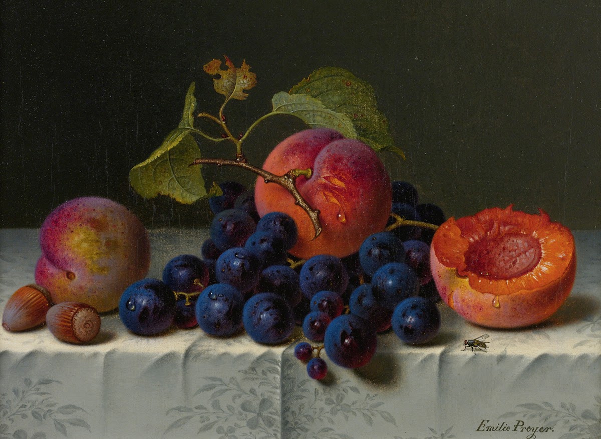 Still Life Of Peaches Grapes And Nuts On A Table
