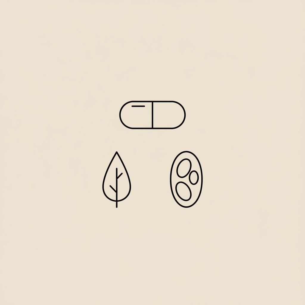 Minimal vector line illustration of a capsule, leaf and simplified mitochondrion on beige background, representing fat burners without caffeine.