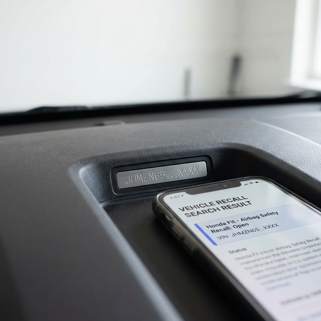 Close up of dashboard VIN plate and smartphone showing a recall search page for a used honda fit for sale minimalist white background CarFax Deals blue accents