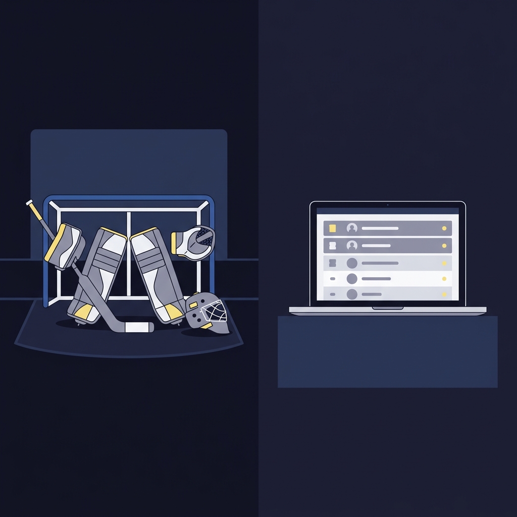 Minimalist 2D vector split frame showing hockey goalie equipment and net left and laptop with stylized leaderboard bars right in Funded Plays dark palette vezina trophy odds