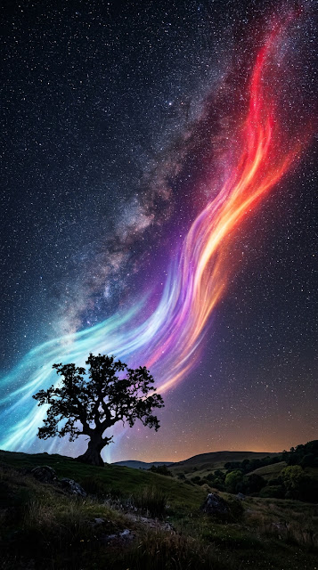 Enchanting Night Landscape with Bicolor Light Wave and Tree Silhouette - Free mobile Wallpaper
