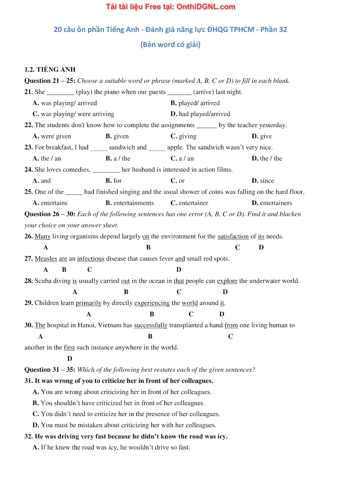 800 bài tập môn Tiếng Anh - Ôn thi ĐGNL ĐHQG TP HCM Phần 32