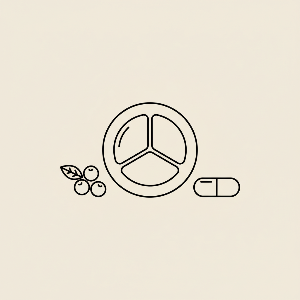Minimal Tonum-style line illustration of a divided plate, capsule, and small berry cluster on a beige background for metabolic balance diet