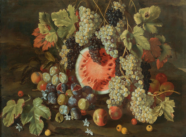 Still Life In A Landscape With Grapes Watermelons Figs And Apples