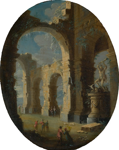 Kirchenruine mit Figuren und Herkulesstandbild