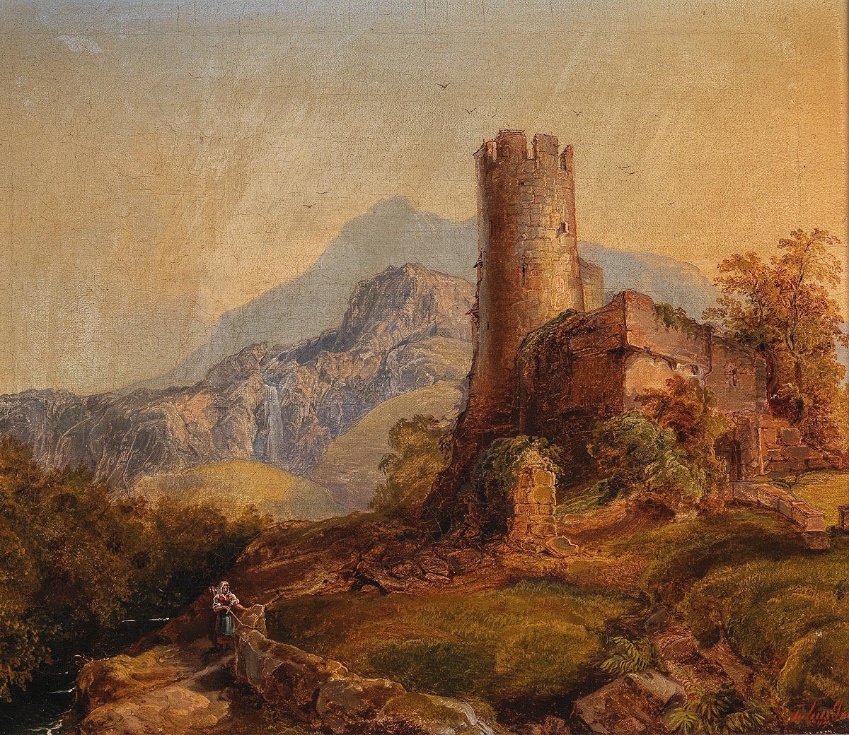 A Mountainous Landscape with Castle Ruins and Figures 1847