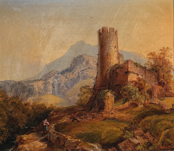 A Mountainous Landscape with Castle Ruins and Figures 1847