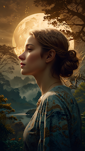 Woman in Profile Against Giant Golden Moon in Misty Forest