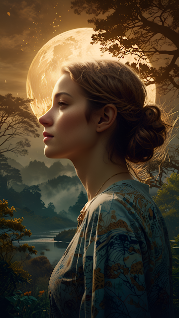 Woman in Profile Against Giant Golden Moon in Misty Forest - Free mobile Wallpaper