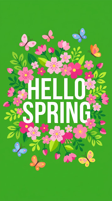 Hello Spring Typography With Flowers And Butterflies On Green - Free mobile Wallpaper
