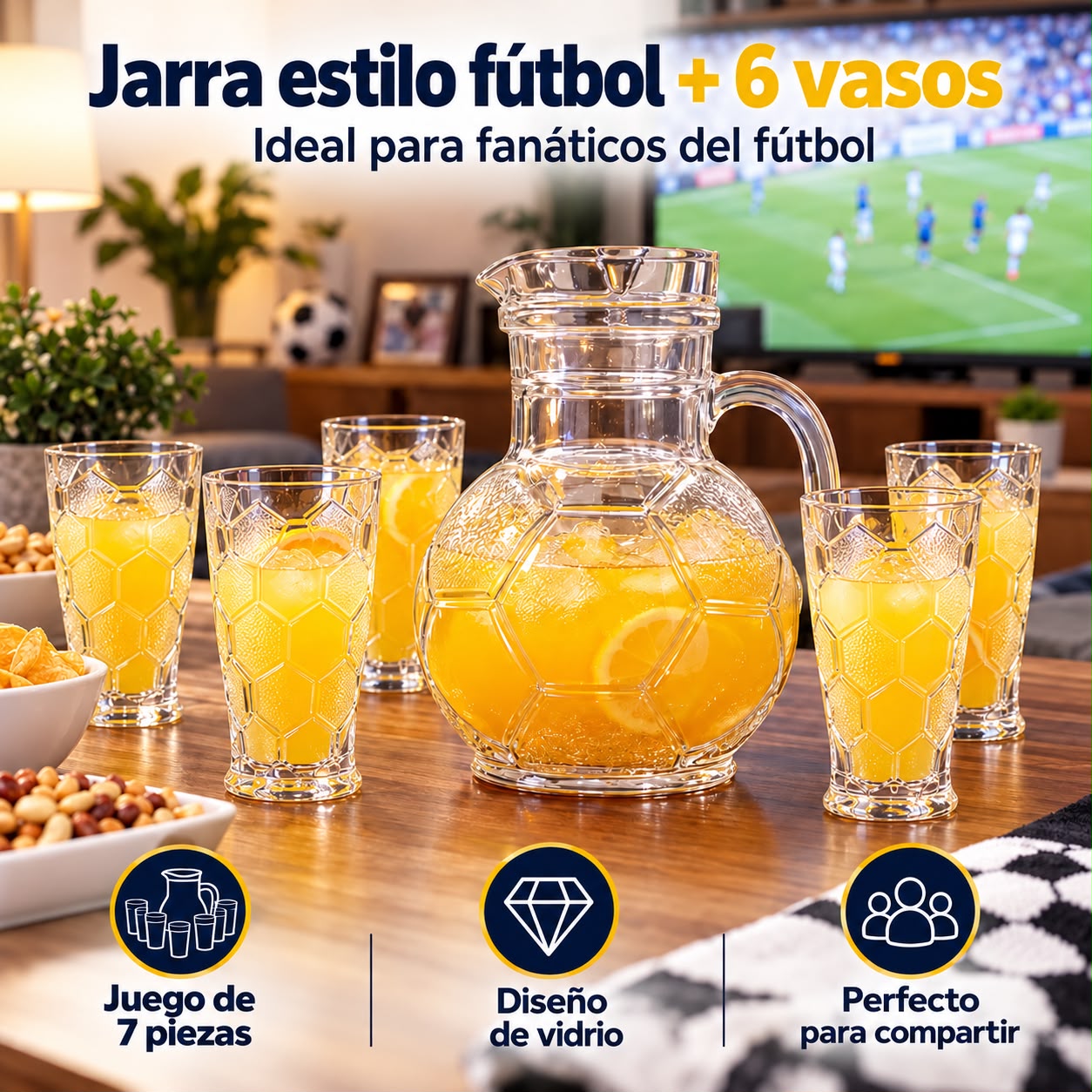 Juego de jarra estilo fútbol + 6 vasos de vidrio