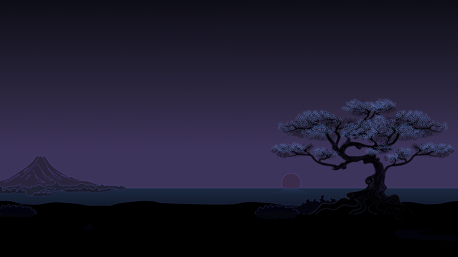 Minimalist Japanese Tree at Dusk - Vector Digital Art Full HD Wallpaper (2556x1438)