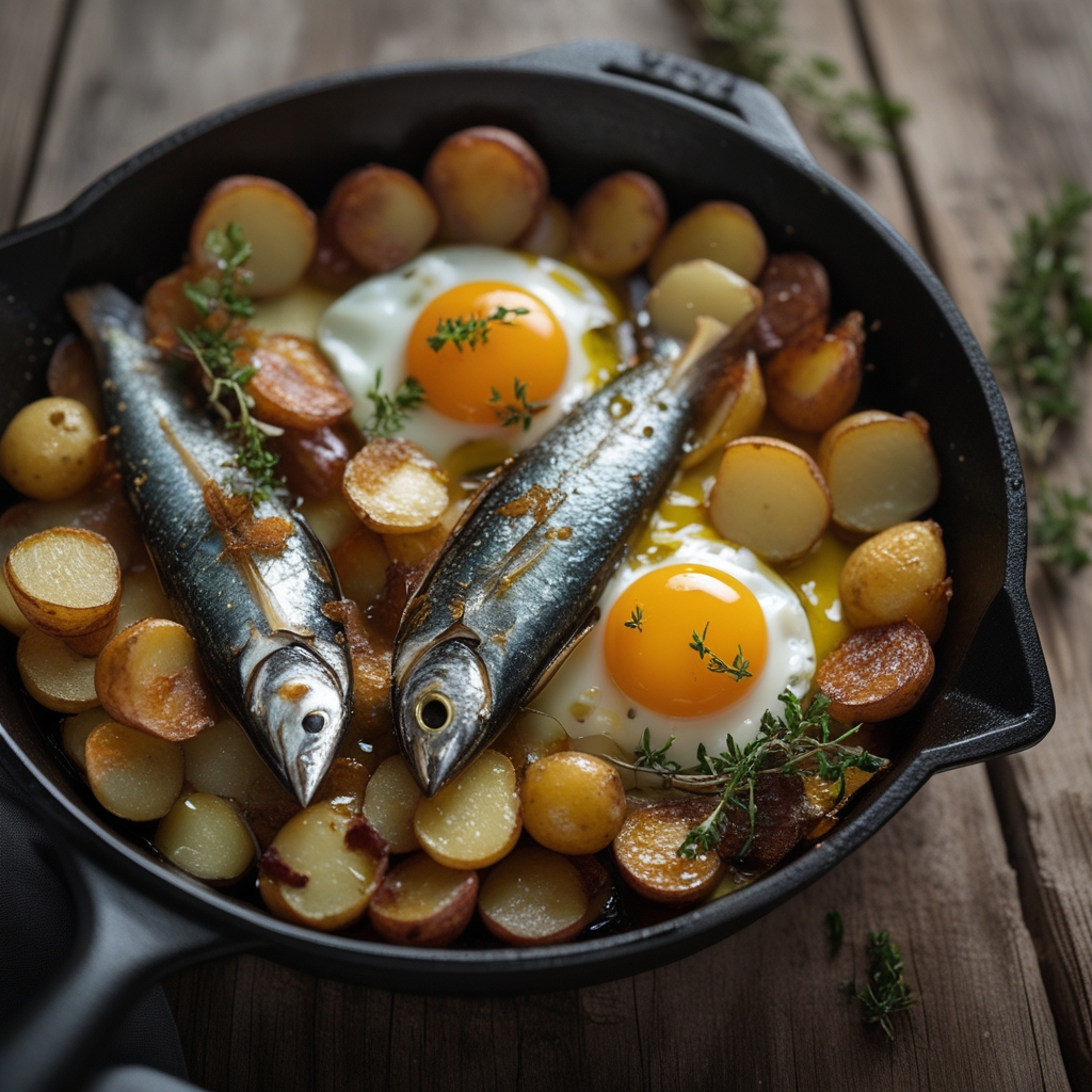 Smoky Mackerel & Crispy Fennel Breakfast Skillet with Lemon-Thyme Eggs