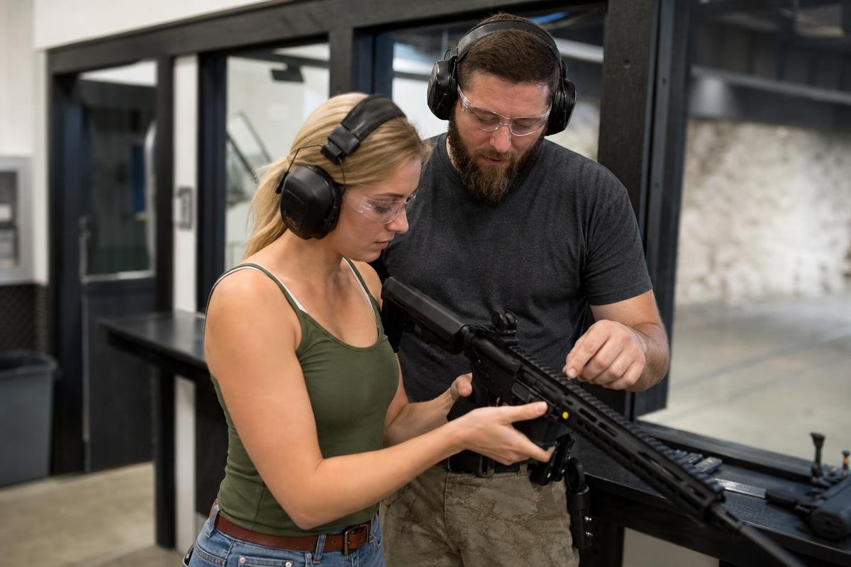 Instructor guiding a new shooter through firearm handling basics