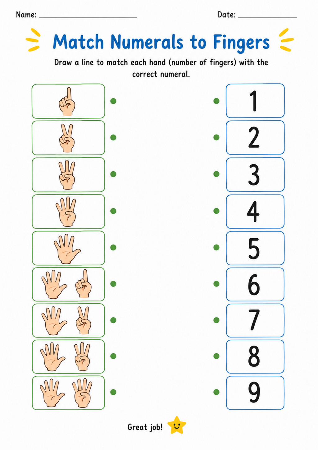 Match Numerals to Fingers Worksheet