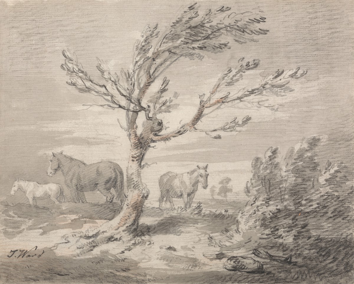 Landscape with Three Horses and a Tree in the Foreground