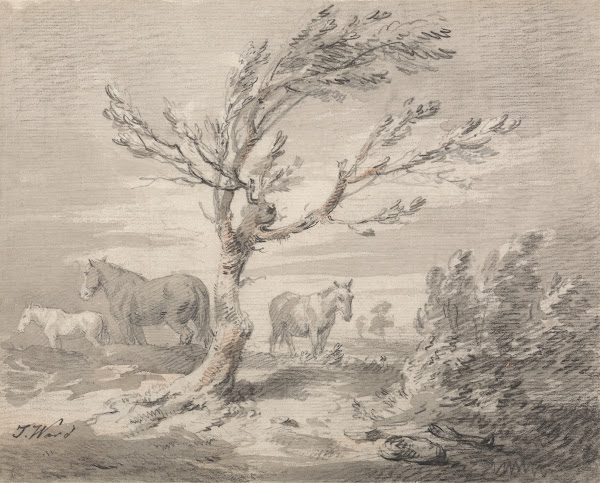 Landscape with Three Horses and a Tree in the Foreground