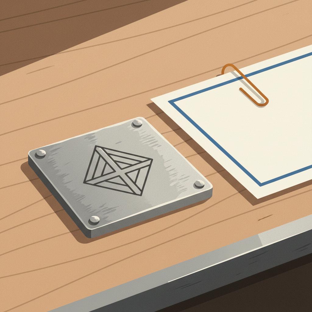 Nahaufnahme einer gravierten Metallplakette als Geldgeschenk zur Rente auf Holztisch neben einer Karte, minimalistischer 2D-Vektor, warme Beleuchtung