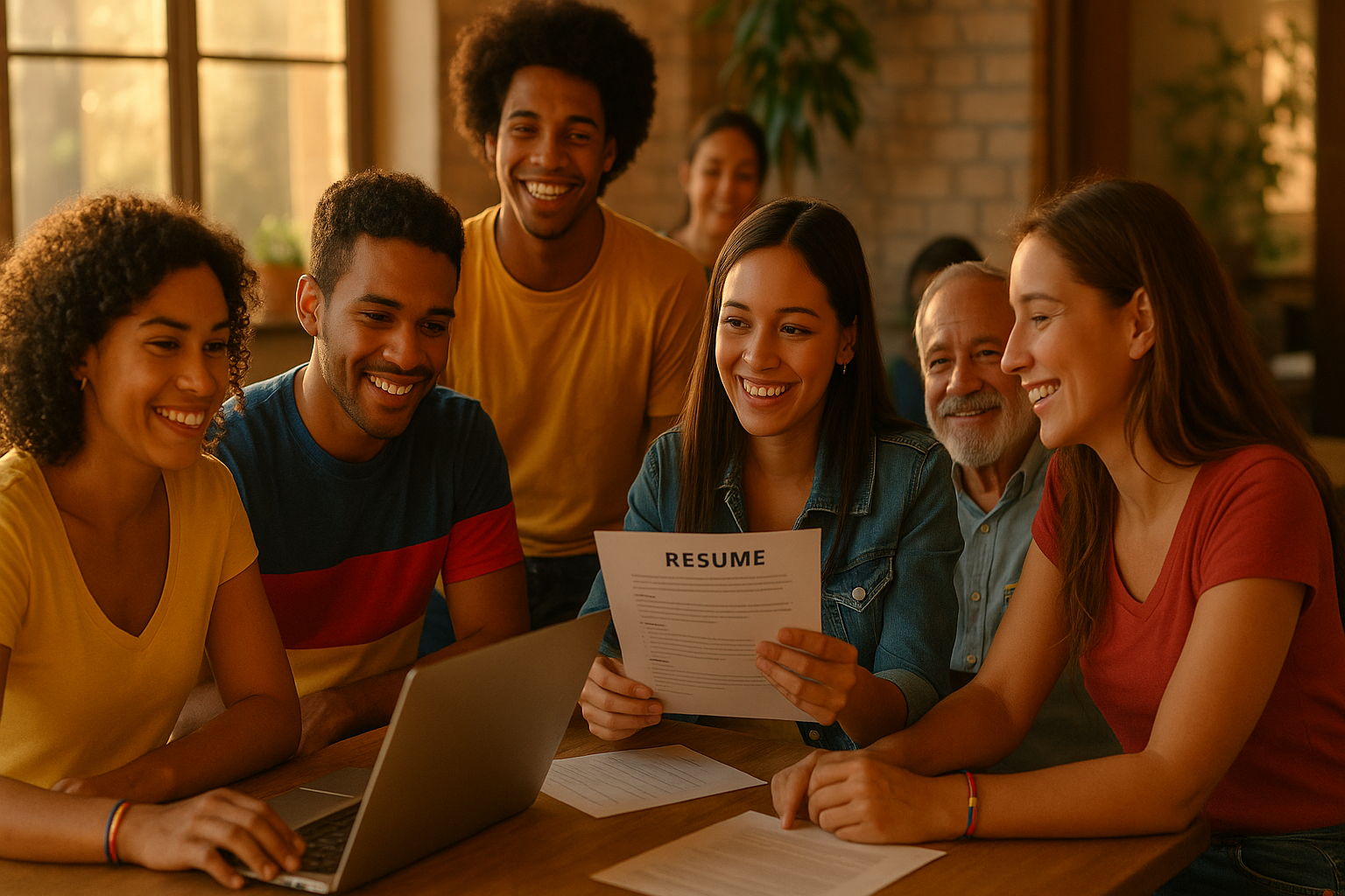 Venezolanos de diferentes edades reunidos en un espacio comunitario, compartiendo consejos.
