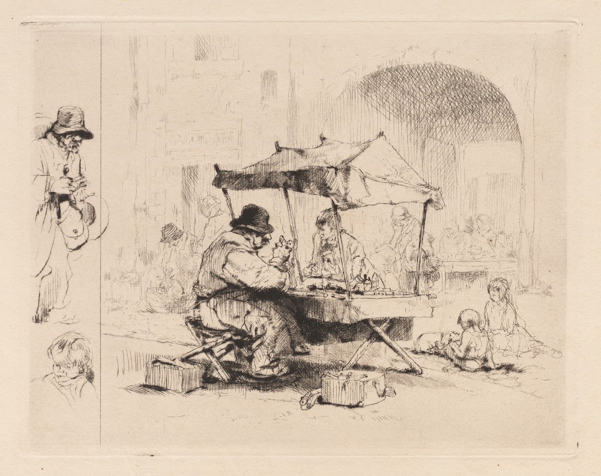 Merchant in his stall with children playing c 190241