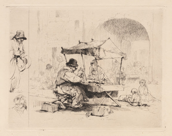 Merchant in his stall with children playing c 190241