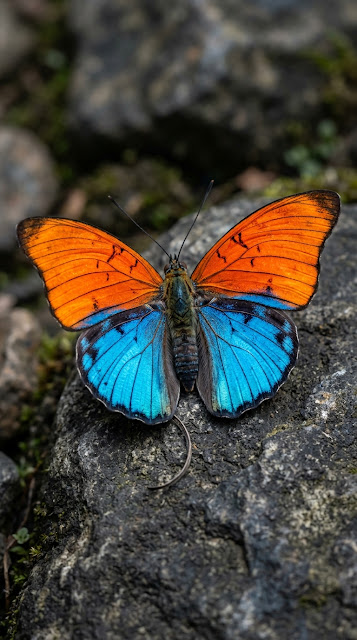 Macro Portrait of a Vibrant Blue and Orange Butterfly - Free mobile Wallpaper