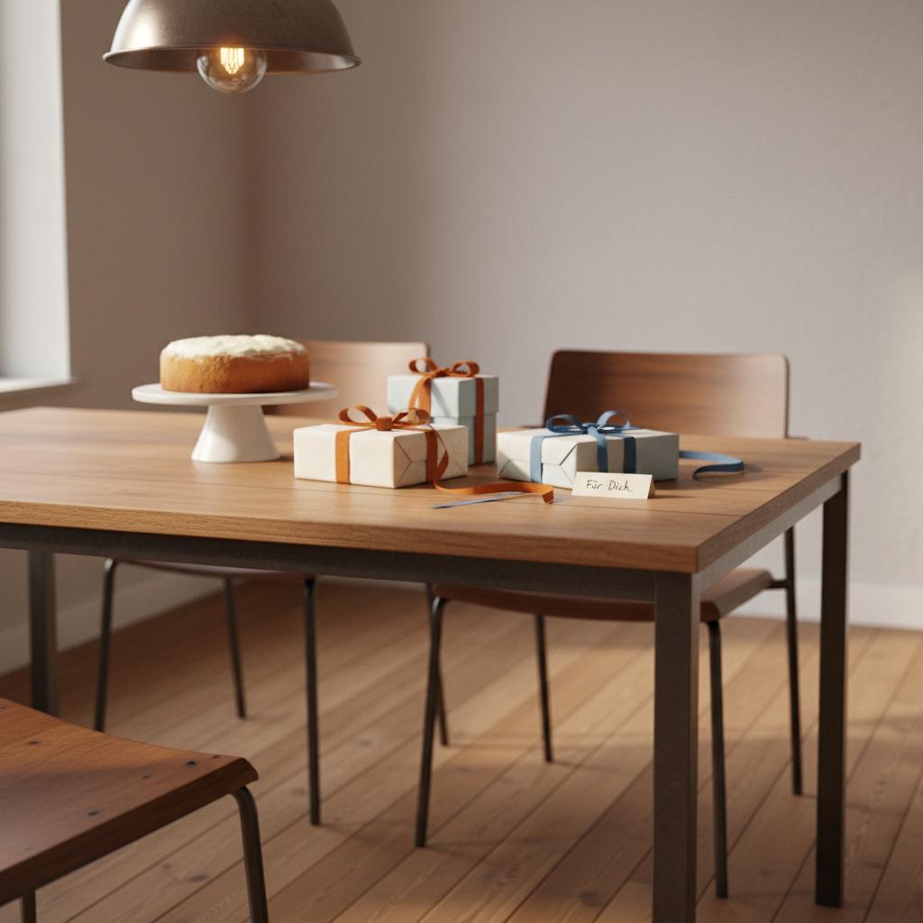 Intime Esszimmeraufnahme mit Vanillekuchen und kleinen Geschenken – Was kann man einer alten Frau schenken? Fokus auf Geschenkdetails, warmes Licht.