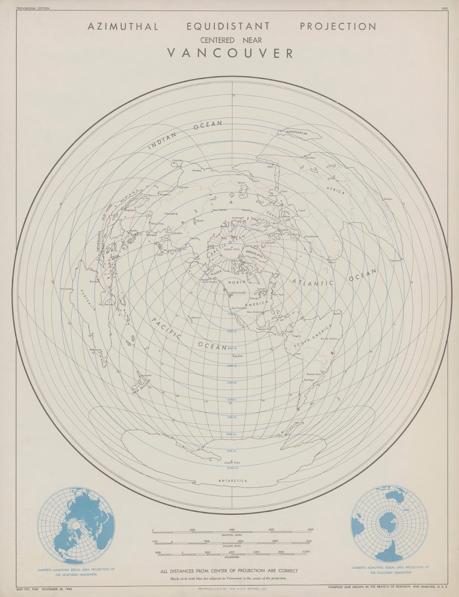 Azimuthal equidistant projection centered near Vancouver 1942