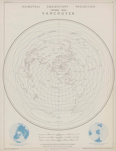Azimuthal equidistant projection centered near Vancouver 1942