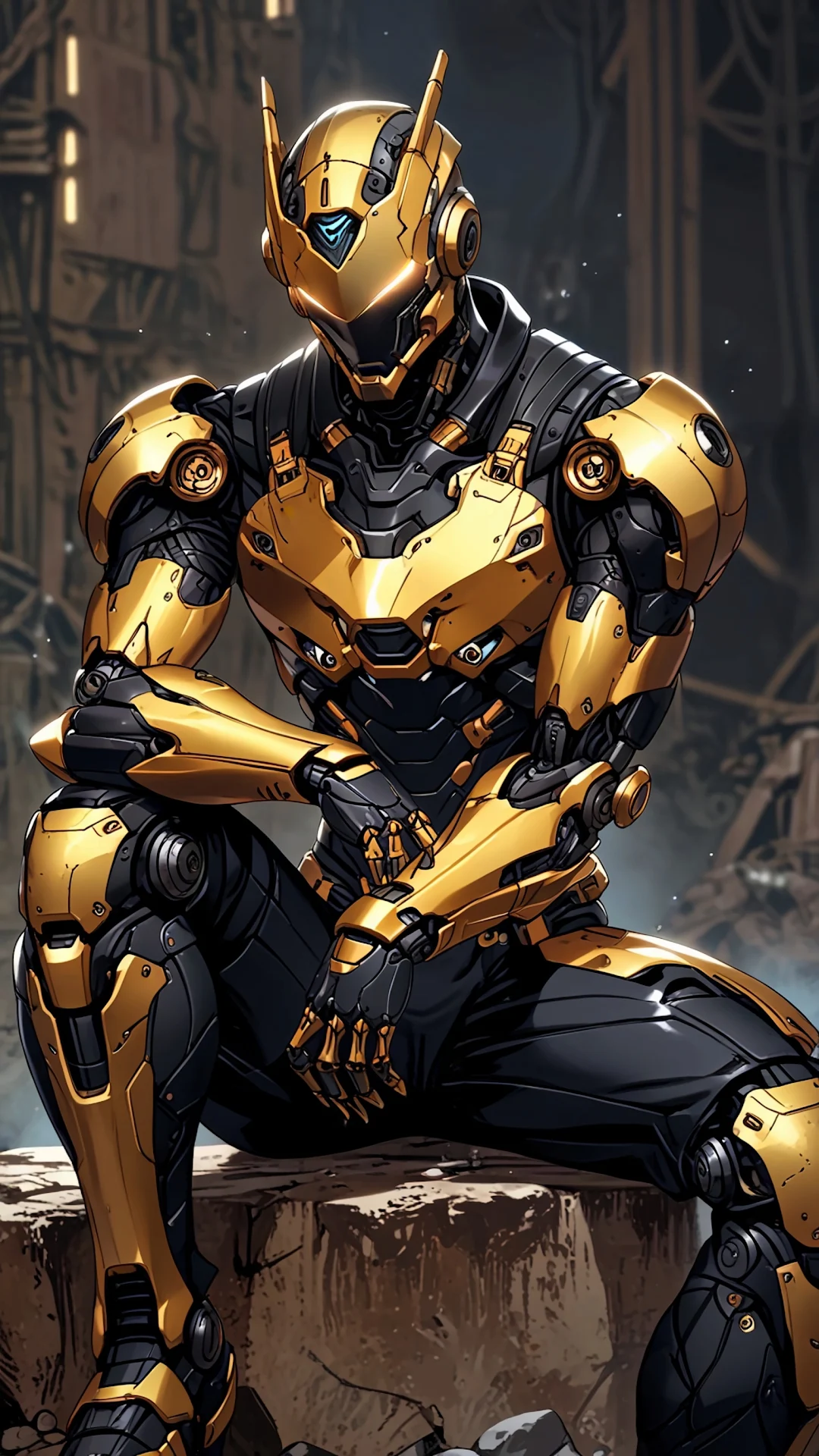 Golden armored robot sits poised in futuristic industrial setting - Free 4K mobile Wallpaper