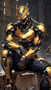 Golden armored robot sits poised in futuristic industrial setting