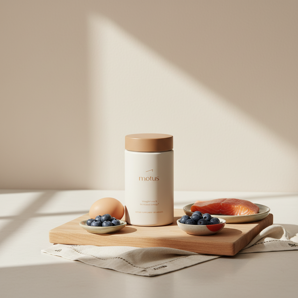 Motus supplement jar on a wooden cutting board with egg, fish fillet and berries in a bright kitchen scene promoting Metabolic Balance and sustainable weight loss