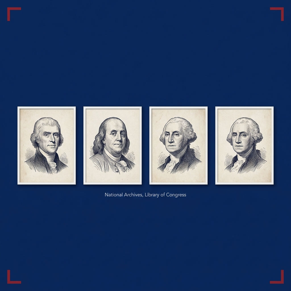 Engraved portraits of key framers arranged in a clean minimalist layout on deep blue backdrop with a small white caption of primary source repositories representing constitutional republic