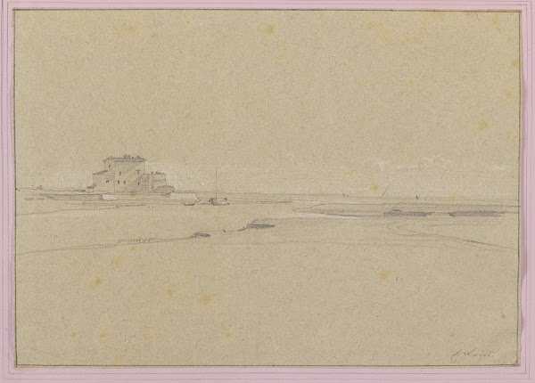 Flachlandschaft mit Fluss und Haus