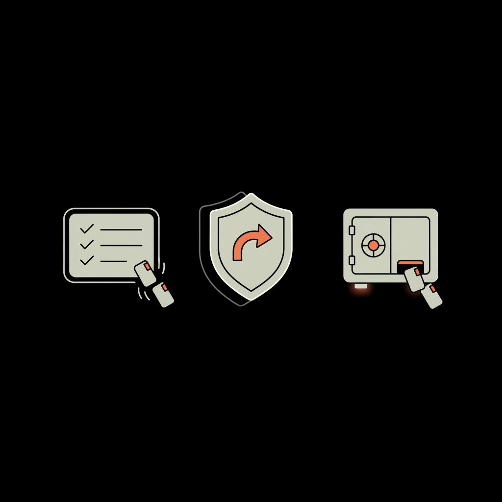 Minimal 2D vector infographic showing a checklist, a shield, and recovery-code cards dropping into a secure vault on a black background to illustrate verify my Google Account