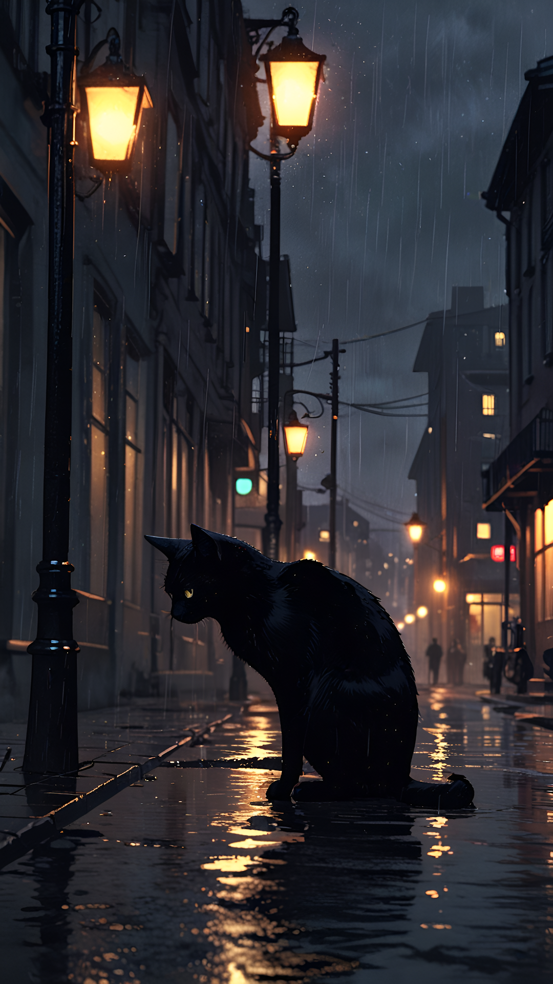 Black Cat Sitting on Rainy City Street at Night - Free 4K mobile Wallpaper