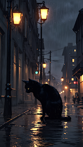 Black Cat Sitting on Rainy City Street at Night