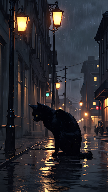 Black Cat Sitting on Rainy City Street at Night - Free mobile Wallpaper