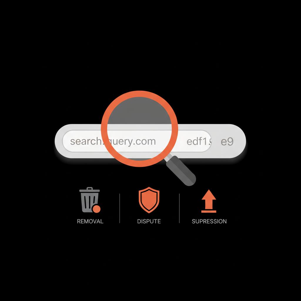 Minimal infographic: magnifying glass over URL bar with trash, shield and up-arrow icons on black — remove negative content from Google
