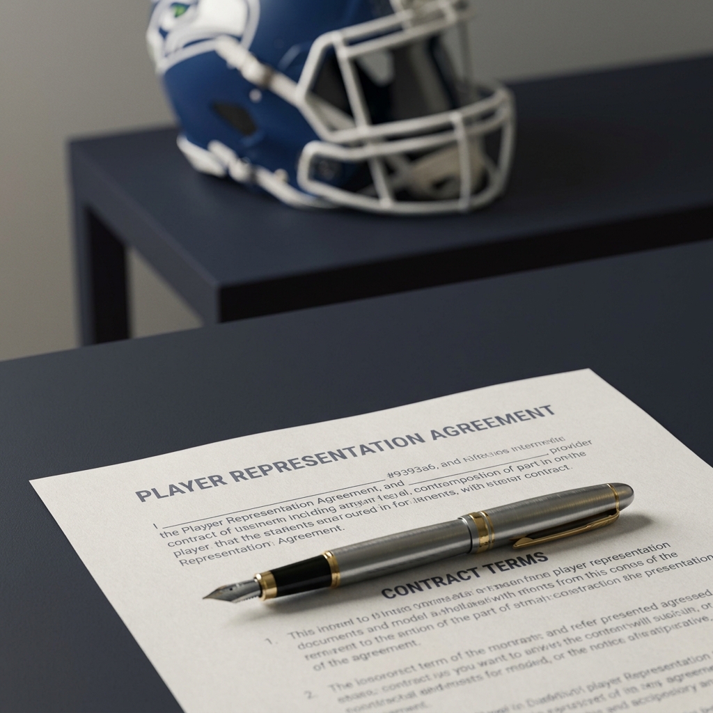 Close crop of a printed contract and pen with an NFL helmet in soft focus illustrating nfl odds of winning the super bowl in a minimalist editorial composition