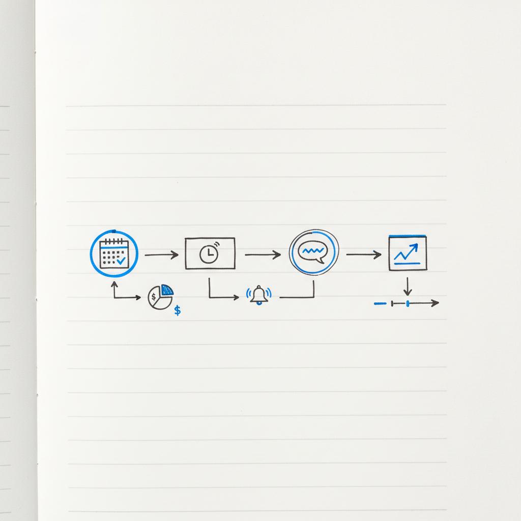 Can doctors advertise in the USA? Close-up minimalist sketch of a patient journey map on lined paper showing appointment booking, check-in, brief consultation and follow-up with blue accent highlights.