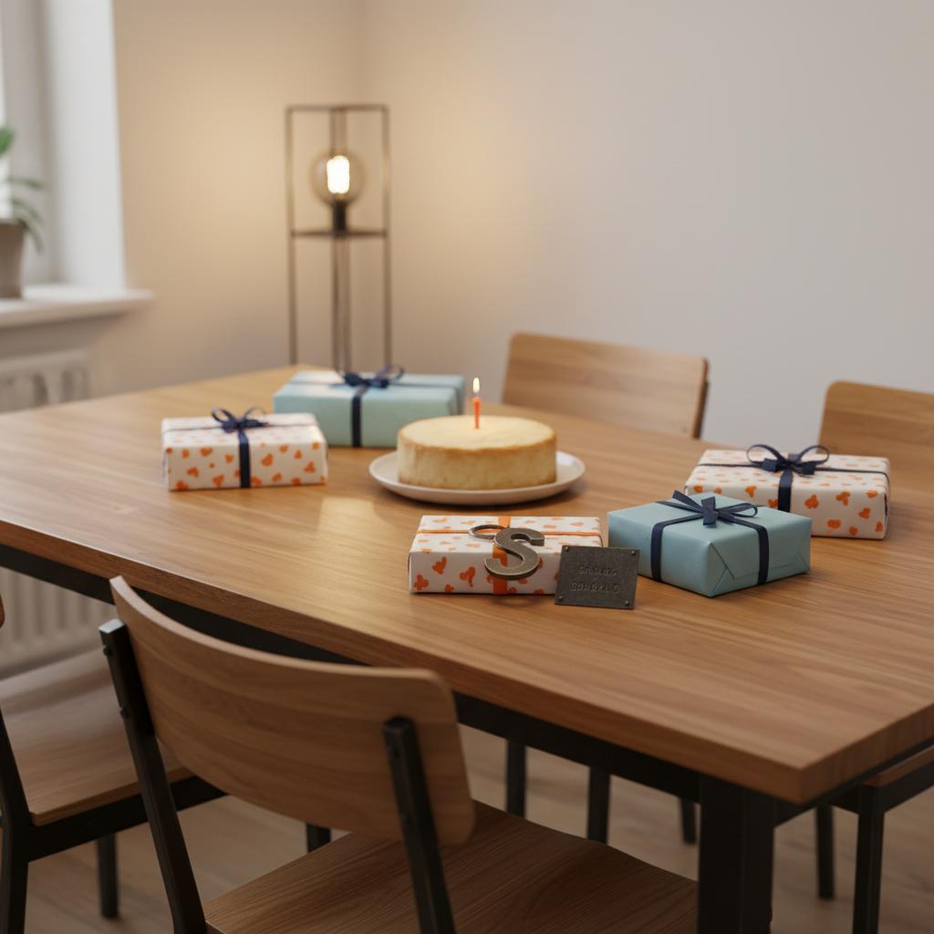 Aufgeräumter Esstisch mit Geschenken, Vanillekuchen, metallischem Schlüsselanhänger und Metallschild in warmem Licht, Holz- und Metalldetails – wünsche zum 60. hochzeitstag
