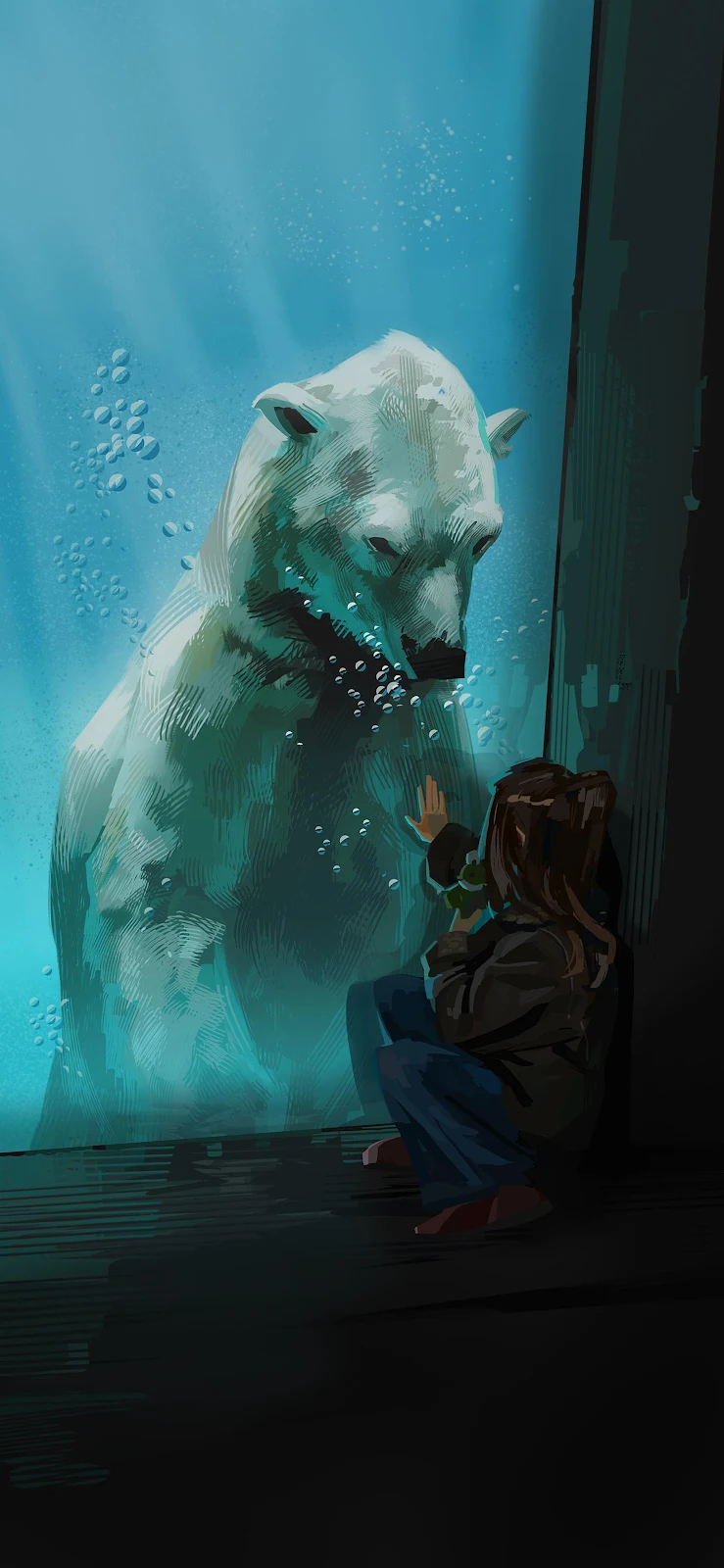 Polar Bear And Girl At Aquarium - Digital Painting 2K iPhone Wallpaper (1484x3215)