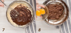 Khuấy đều chocolate đen và hỗn hợp sữa dừa rồi cho thêm lòng đỏ trứng vào trong chảo, trộn đều, bật lửa nhỏ. Trong lúc chờ hỗn hợp chín, chuyển sang bước tiếp theo.