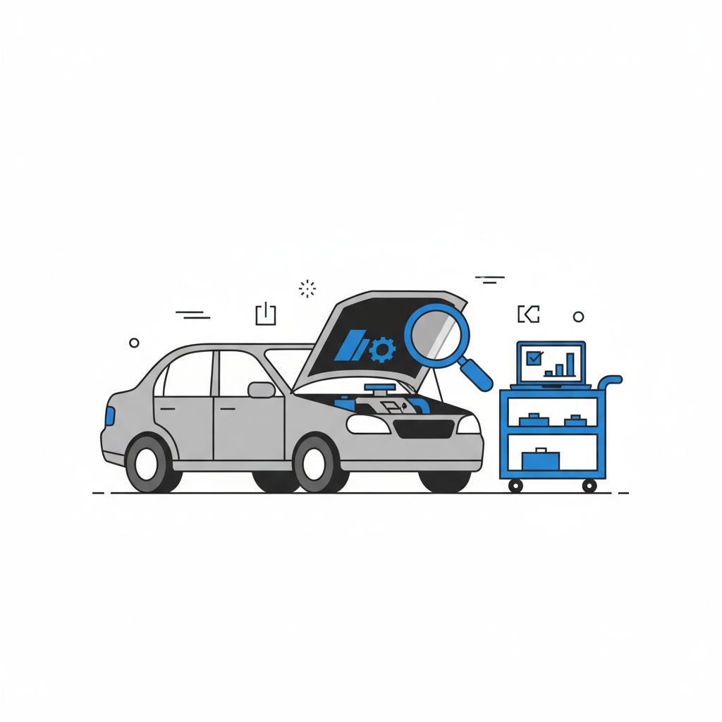 Minimalist 2D vector of a car with open hood and diagnostic laptop on a cart symbolizing vehicle history checks at a bmw car dealership in CarFax Deals brand colors